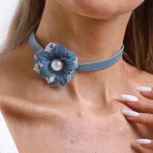 Denim Fabric Flower Choker Necklace For Women Sweet Lace Artificial Pearl Neckband Adjustable Chain Fashion Jewelry Accessory