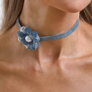 Denim fabric flower choker necklace for women, stylish jean material neck jewelry accessory.