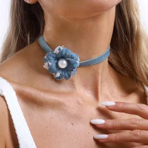 Denim flower choker necklace with pearl accent, trendy collar necklace for women and girls.