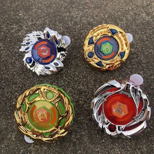 Alloy battle top toy set, detailed view of four colorful spinning tops with launchers.