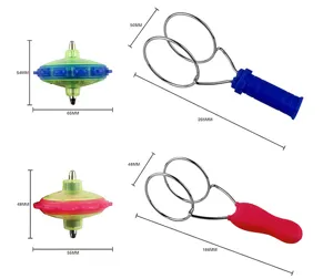 Magnetic gyro toy detail view showing precise dimensions, handle length, and spinning top specs.