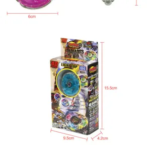 Kids battle spinning top toy with packaging box and dimension specs for children play.