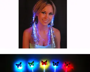 LED fiber optic hair braids and glowing butterfly clips for parties, festivals, and fun night events.