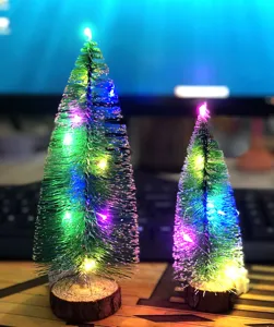 Mini wooden Christmas tree light string desktop ornament holiday decoration detail view.
