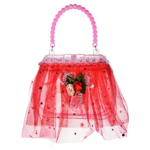 Borsa a mano in rete rossa per bambini manico di perle rosa fiocco strass graziosa borsa