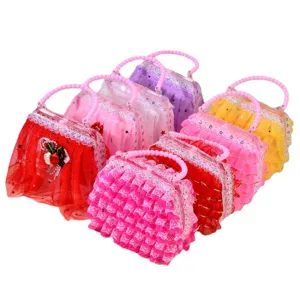 Borsa giocattolo trasparente per bambini con volant in pizzo e tulle per giochi di ruolo.