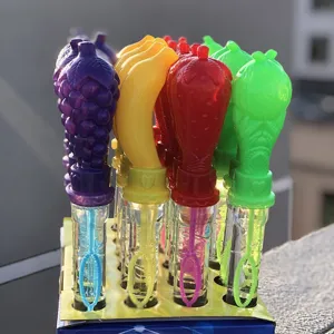 Colorful fruit shape bubble wand set for kids outdoor fun, entertaining plastic toy display.