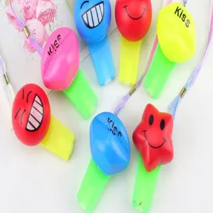 Luminous LED party whistle toy detail, colorful flashing whistle with lanyard for events.