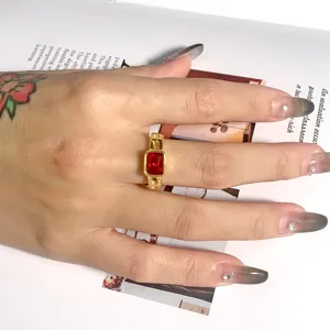 Detailaufnahme des Goldrings mit funkelndem roten Zirkon und strukturiertem Kettenband.