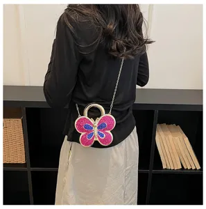 Sparkling butterfly rhinestone evening shoulder bag with metal chain for women fashion party use.