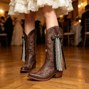 Détail en gros plan de bottes de cow-boy occidentales marron avec broderie, perles et nœuds.