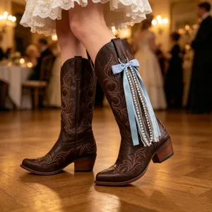 Détail de bottes de cowboy marron avec nœud à carreaux bleus et accessoires de perles.