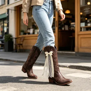 Gros plan de bottes de cowboy marron avec broderie élégante et ruban nœud en dentelle blanche.