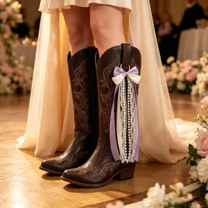 Braune Westernstiefel mit handgefertigter lila Schleife, Perlenketten und Spitzenband.