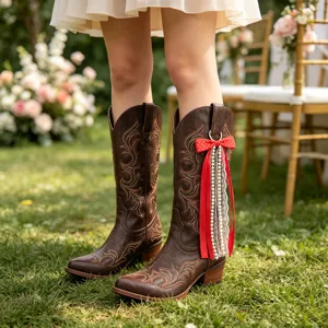 Gros plan détaillé de bottes de cowboy avec nœud rouge et pampille de perles dans un jardin.