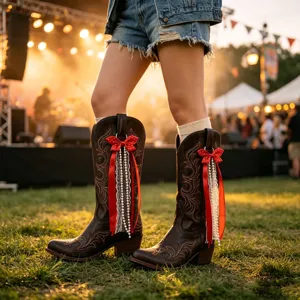 Western retro cowboy boots featuring red polka dot bows, sweet lace and delicate pearl tassels.