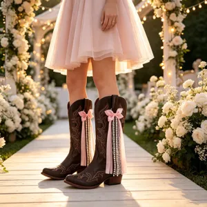 Vue détaillée de bottes de cowboy marron foncé décorées de nœuds roses, de perles et de rubans.