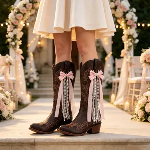 Western cowboy boots with elegant pink bow, lace and pearl tassel charms for women.