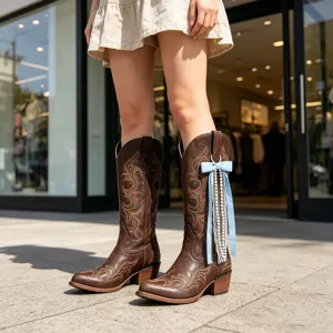 Vue détaillée de bottes de cowboy avec nœud bleu et accessoire pompon de perles élégant.