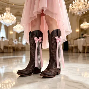 Bottes de cowboy western marron avec nœuds roses et rubans de perles, détail de mode élégant.