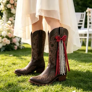 Bottes de cowboy western marron pour femme avec broderie, nœud rouge et pompon de perles.