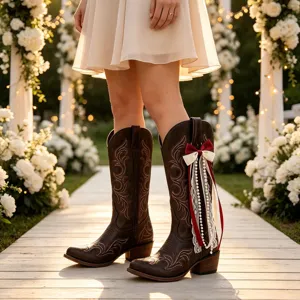 Handgefertigte Schleifenband dekorative Westernstiefel Detailansicht für Outdoor Modestyling.