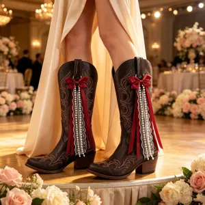 Bottes de cow-girl western faites à la main avec broderie, nœuds bordeaux et perles.
