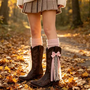 Close-up detail of brown western cowboy boots featuring cute pink bow and pearl tassel charms.