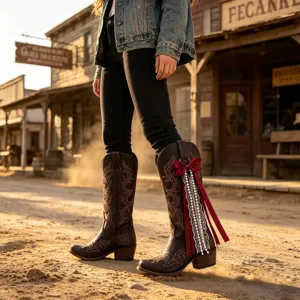 Bottes de cowboy western vintage avec nœud papillon rouge et gland en dentelle de perles.