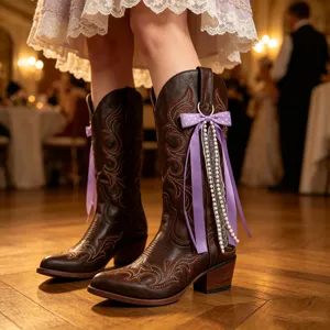 Détail de bottes western marron avec nœud en ruban violet, dentelle et perles.