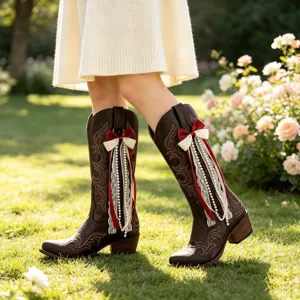 Nahaufnahme bestickter Western-Stiefel mit eleganten Schleifen und Perlenbändern.