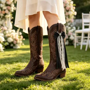 Detailed view of western cowboy boots with elegant black bowknot and pearl lace tassel charms.