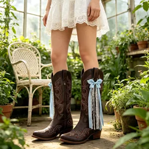 Vue détaillée des bottes western avec broderie fine, nœud bleu, perles et rubans en dentelle.