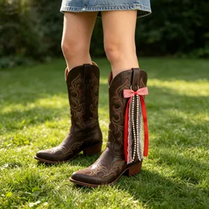Bottes de cowboy western marron avec ruban nœud écossais rouge et pampilles de perles.