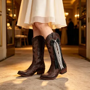 Close-up view of brown western cowboy boots featuring intricate embroidery, bow and pearl details.