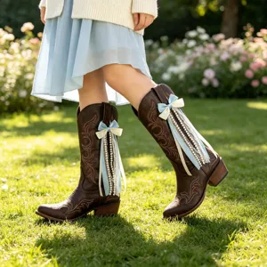 Nahaufnahme brauner Westernstiefel mit eleganten Schleifen und Perlen-Spitzenbändern.