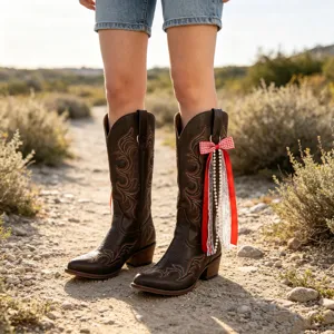 Bottes de cowboy western avec nœud à carreaux rouges et détail d'accessoire de gland de perle