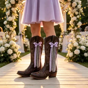 Bottes de style western avec nœud papillon violet et rubans de perles, chaussures de mariage.