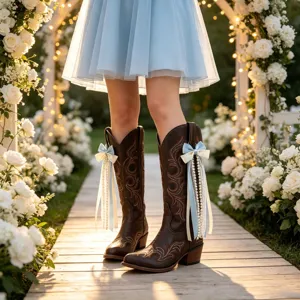 Damen Western Stiefel mit blauer Schleife und Perlen Bändern für modische Outfits Schuhe.