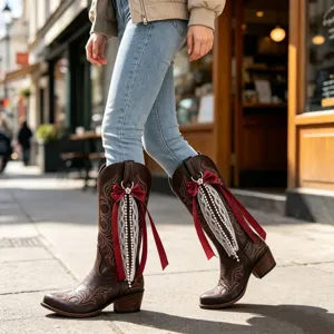 Women brown western cowboy boots with red bow lace pearl tassels mid calf fashion shoes