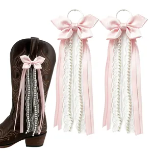 Pink polka dot bow boot charms with lace pearl fringe for western cowboy boots DIY decor