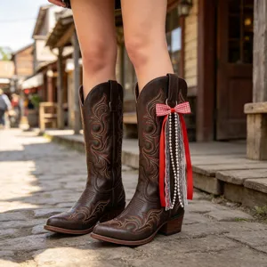 Vue détaillée de bottes de cowboy occidentales avec broderie et glands de perles élégants.