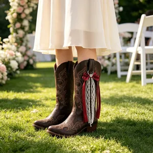 Cowboy boot ribbon accessory detail, brown western boots with bow and pearl fringe.