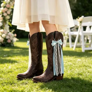 Cowboy boot accessories with light blue bow pearl streamers for stylish western boots.