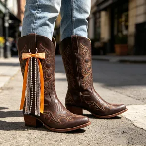 Gros plan détaillé de bottes de cowboy marron avec élégant pendentif de perles et nœud.