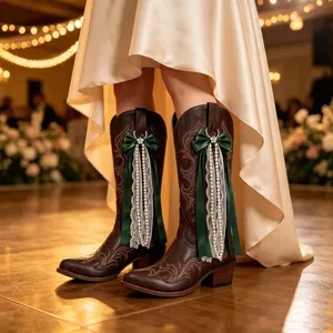 Close-up of brown embroidered western cowboy boots decorated with green bow and pearl lace.
