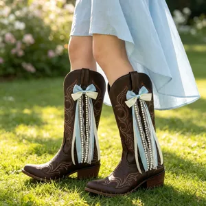 Bottes de cowboy occidentales marron avec broderie, rubans de nœud et brins de perles pour femmes.