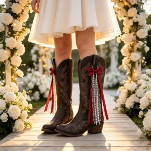 Bottes de cowboy western pour femmes avec nœud rouge et rubans de perles pour mariage.