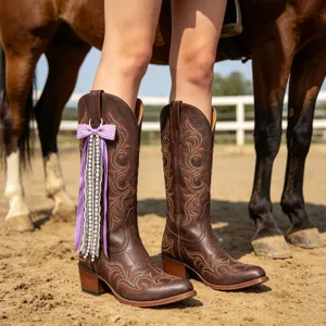 Bottes de cowboy occidentales marron avec broderie et ruban violet pendentif en dentelle de perles.