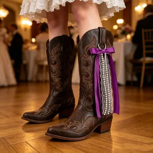 Vue détaillée de bottes cowboy marron foncé avec élégant ruban violet et pendentifs perles.